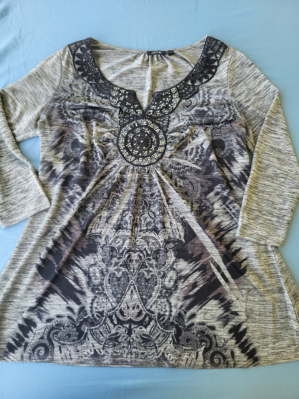 Apt. 9 Boho Embellished Tunic Top Blouse Gray Paisley Studded Medallion 0X